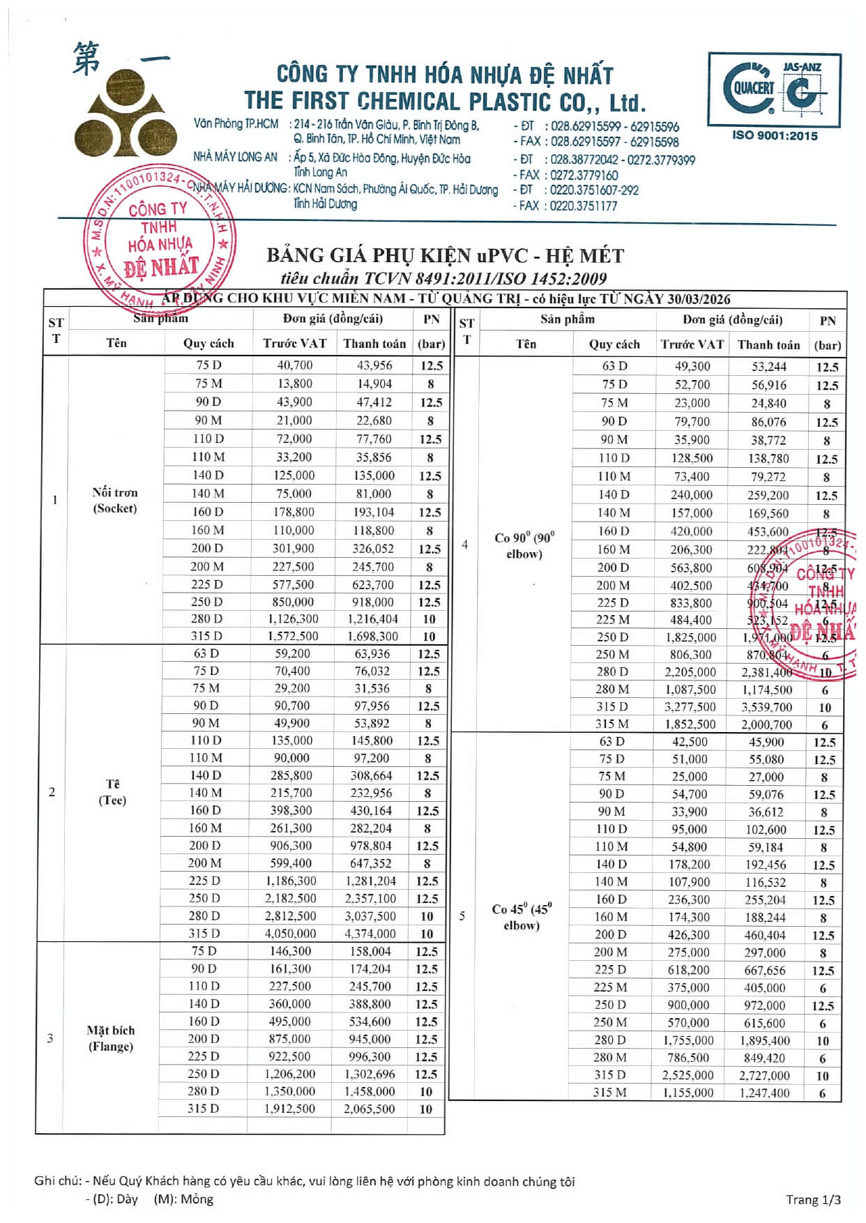 Bang Gia Ong Upvc De Nhat 9 Phu Kien
