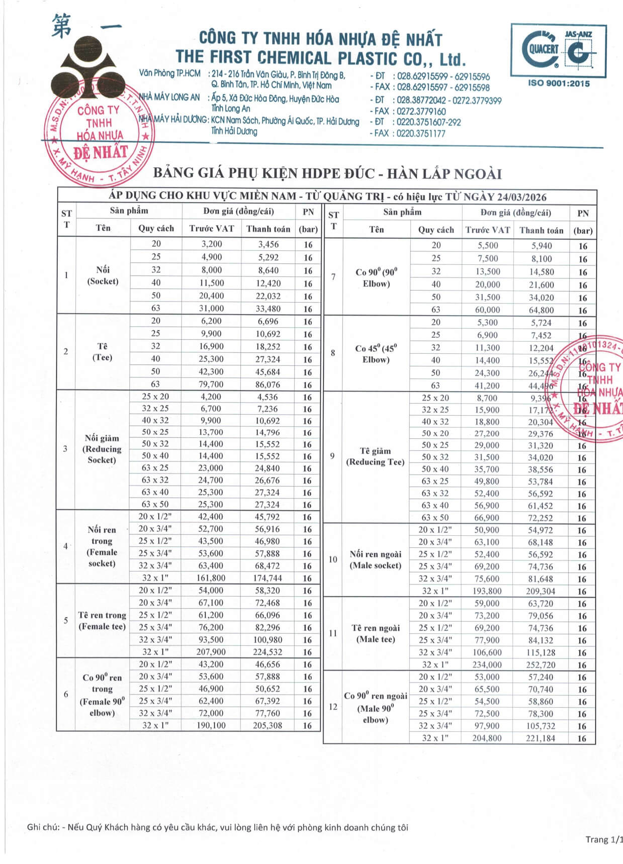 Bang Gia Ong Hdpe De Nhat 3 Phu Kien