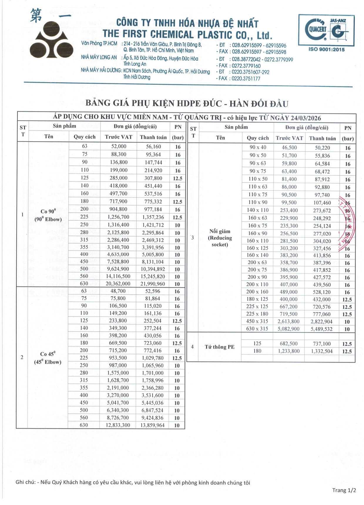 Bang Gia Ong Hdpe De Nhat 9 Phu Kien