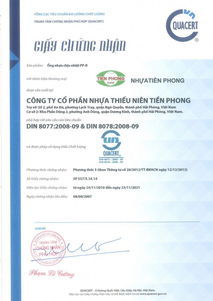 Chứng nhận ISO ống PPR Tiền Phong